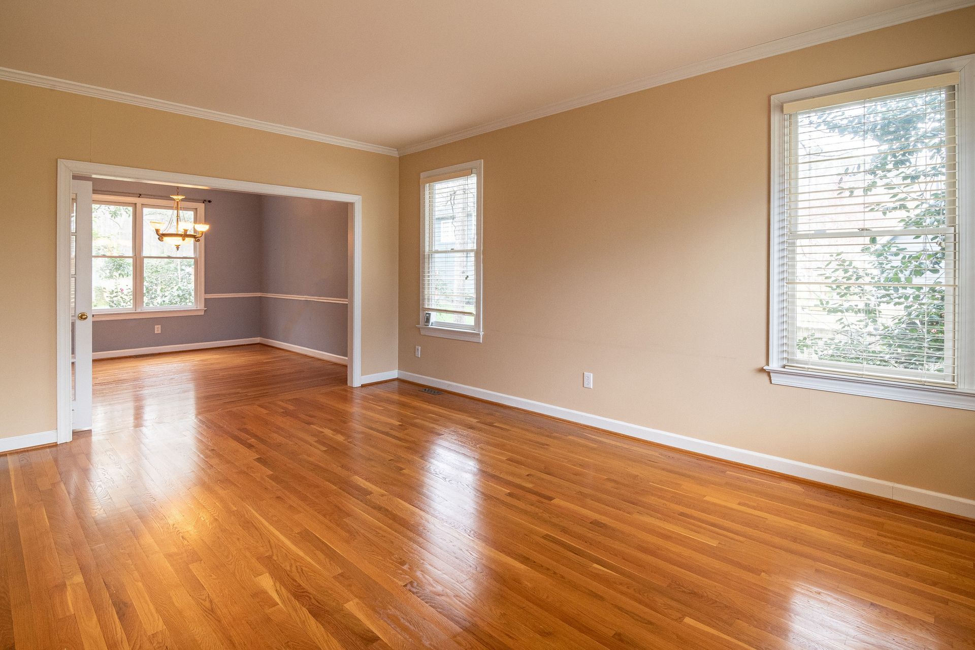 Bright empty room with wooden floors and large windows, ideal for real estate listings.